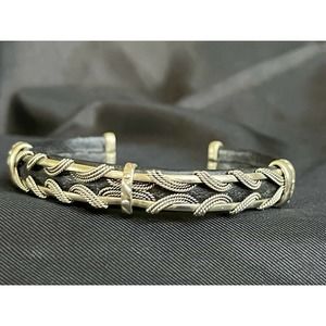 Vintage Leather & Metal Cuff Bracelet Silver Tone Woven Pattern 6 3/4"